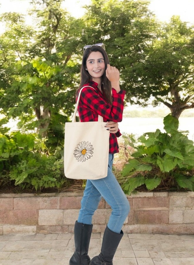 JUTEKA Canvas Tote Bag for Women with Zip, College Hand Bag for Girls, Reusable Shopping Bag (100% Organic Cotton) Tote Bag for Shopping, Travel & Beach (Flower) - Image 3